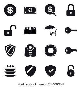 16 vector icon set : dollar, money, dollar arrow, lock, unlock, lounger, key, shield, life vest, lifebuoy, plate washing