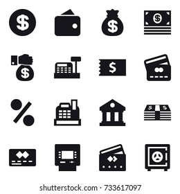 16 vector icon set : dollar, wallet, money bag, money, money gift, cashbox, receipt, credit card, percent, library, atm, safe
