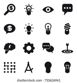 16 vector icon set : dollar magnifier, bulb, eye, message, money message, brain, gear, discussion, target, chip, draw compass