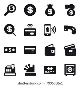 16 vector icon set : dollar magnifier, dollar, money bag, money gift, dollar arrow, tap to pay, phone pay, hand coin, money, credit card, wallet, cashbox, safe