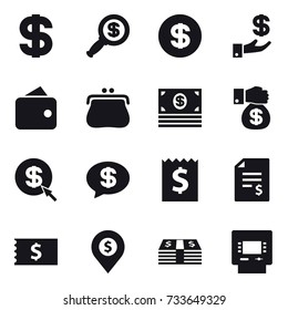 16 vector icon set : dollar, dollar magnifier, investment, wallet, purse, money, money gift, dollar arrow, money message, receipt, account balance, dollar pin, atm