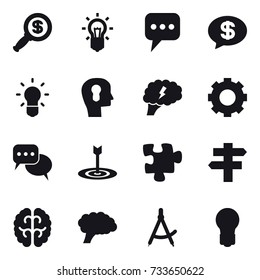 16 vector icon set : dollar magnifier, bulb, message, money message, bulb head, brain, gear, discussion, target, puzzle, singlepost, draw compass