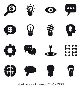 16 vector icon set : dollar magnifier, bulb, eye, message, money message, bulb head, gear, discussion, target, chip