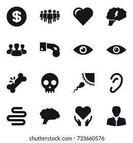 16 vector icon set : dollar, team, heart, brain, group, hand coin