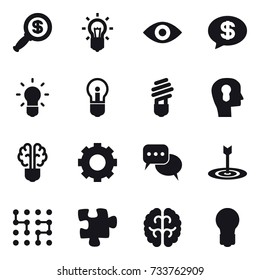 16 vector icon set : dollar magnifier, bulb, eye, money message, bulb head, bulb brain, gear, discussion, target, chip, puzzle