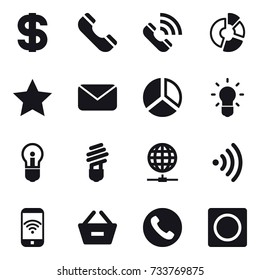 16 vector icon set : dollar, phone, call, circle diagram, star, mail, diagram, bulb, globe connect, wireless, phone wireless, remove from basket, ring button
