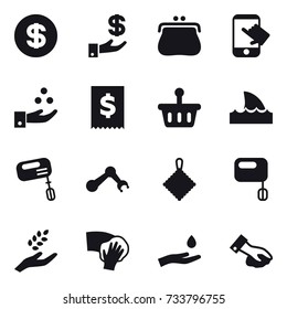 16 vector icon set : dollar, investment, purse, touch, chamical industry, shark flipper, mixer, rag, harvest, wiping, hand and drop