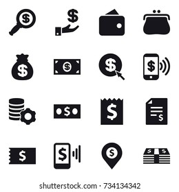 16 vector icon set : dollar magnifier, investment, wallet, purse, money bag, money, dollar arrow, phone pay, virtual mining, receipt, account balance, mobile pay, dollar pin
