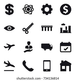 16 vector icon set : dollar, atom, gear, dollar coin, bridge, city, arrival, house 16 vector icon set : dollar, atom, gear, dollar coin, bridge, city, arrival, house