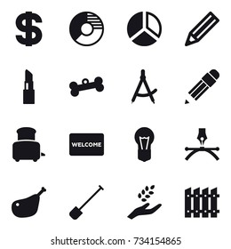 16 vector icon set : dollar, circle diagram, diagram, pencil, lipstick, bone, draw compass, toaster, welcome mat, shovel, harvest, fence