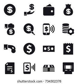 16 vector icon set : dollar, investment, wallet, money bag, money gift, dollar arrow, phone pay, virtual mining, hand coin, dollar coin, money, receipt, account balance, mobile pay, atm