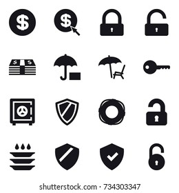 16 vector icon set : dollar, dollar arrow, lock, unlock, lounger, key, safe, shield, lifebuoy, unlocked, plate washing