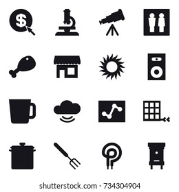 16 vector icon set : dollar arrow, microscope, telescope, wc, chicken leg, shop, sun, speaker, cup, pan, big fork, hive