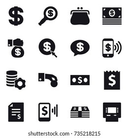 16 vector icon set : dollar, dollar magnifier, purse, money, money gift, dollar arrow, money message, phone pay, virtual mining, hand coin, receipt, account balance, mobile pay, atm