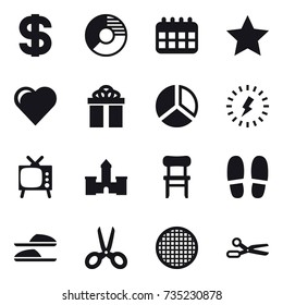16 vector icon set : dollar, circle diagram, calendar, star, heart, gift, diagram, lightning, tv, castle, chair, slippers, scissors