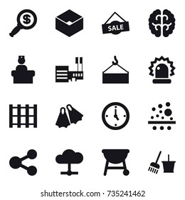 16 vector icon set : dollar magnifier, box, sale, mall, flippers, watch, bucket and broom