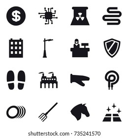 16 vector icon set : dollar, chip, nuclear power, building, outdoor light, reception, shield, slippers, cook glove, fork, horse, clean floor