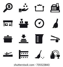 16 vector icon set : dollar magnifier, chamical industry, electrostatic, cashbox, gas station, barometer, broom, pan, measuring cup, garlic clasp, soil cutter, watering, dish cleanser