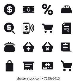 16 vector icon set : dollar, money, percent, shopping bag, dollar arrow, phone pay, cart, account balance, purse, add to basket, delete cart, shopping list, atm receipt