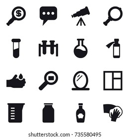 16 vector icon set : dollar magnifier, message, telescope, magnifier, mirror, window, measuring cup, wiping