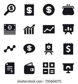 16 vector icon set : dollar magnifier, receipt, dollar, purse, money, diagram, statistic, presentation, graph, money message, account balance, wallet, calculator