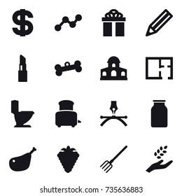 16 vector icon set : dollar, graph, gift, pencil, lipstick, bone, mansion, plan, toilet, toaster, berry, fork, harvest