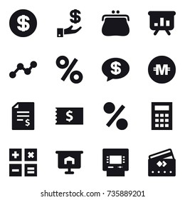 16 vector icon set : dollar, investment, purse, presentation, graph, percent, money message, crypto currency, account balance, receipt, calculator, atm, credit card