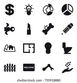 16 vector icon set : dollar, bulb, circle diagram, diagram, satellite, lipstick, pencil, project, plan, toilet, fence, welcome mat, harvest