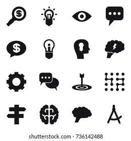 16 vector icon set : dollar magnifier, bulb, eye, message, money message, bulb head, brain, gear, discussion, target, chip, singlepost, draw compass