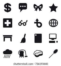 16 vector icon set : dollar, message, bow, star, globe, table, broom, cutting board, rain cloud, vacuum cleaner, sponge with foam, duster