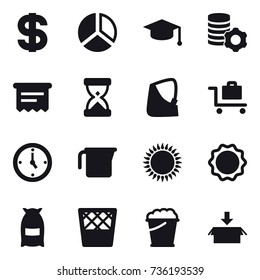 16 vector icon set : dollar, diagram, graduate hat, virtual mining, atm receipt, baggage trolley, watch, measuring cup, flour, trash bin, foam bucket, package