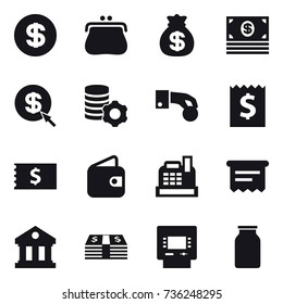 16 vector icon set : dollar, purse, money bag, money, dollar arrow, virtual mining, hand coin, receipt, wallet, cashbox, atm receipt, library, atm