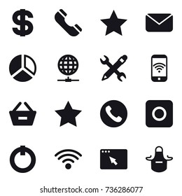 16 vector icon set : dollar, phone, star, mail, diagram, globe connect, pencil wrench, phone wireless, remove from basket, ring button, apron