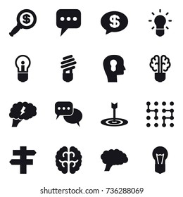 16 vector icon set : dollar magnifier, message, money message, bulb, bulb head, bulb brain, brain, discussion, target, chip, singlepost