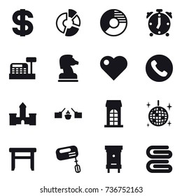 16 vector icon set : dollar, circle diagram, alarm clock, cashbox, chess horse, heart, phone, castle, drawbridge, building, disco ball, stool, mixer, hive, stack of towels
