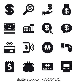 16 vector icon set : dollar, dollar magnifier, investment, money bag, money, cashbox, dollar arrow, money message, tap to pay, phone pay, crypto currency, hand coin, receipt, purse, atm