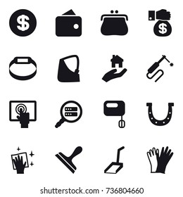 16 vector icon set : dollar, wallet, purse, money gift, smart bracelet, real estate, horseshoe, wiping, scraper, scoop, gloves