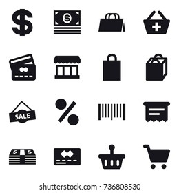16 vector icon set : dollar, money, shopping bag, add to basket, credit card, market, sale, percent, barcode, atm receipt