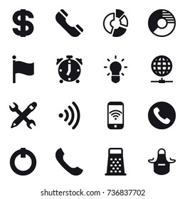 16 vector icon set : dollar, phone, circle diagram, flag, alarm clock, bulb, globe connect, pencil wrench, wireless, phone wireless, apron