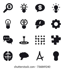 16 vector icon set : dollar magnifier, bulb, money message, bulb brain, brain, gear, discussion, target, chip, puzzle, draw compass