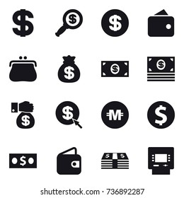 16 vector icon set : dollar, dollar magnifier, wallet, purse, money bag, money, money gift, dollar arrow, crypto currency, dollar coin, atm