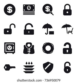 16 vector icon set : dollar, money, dollar arrow, lock, unlock, lounger, safe, life vest, lifebuoy, unlocked, key, plate washing