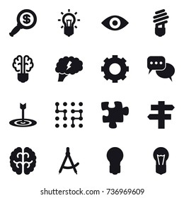 16 vector icon set : dollar magnifier, bulb, eye, bulb brain, brain, gear, discussion, target, chip, puzzle, singlepost, draw compass
