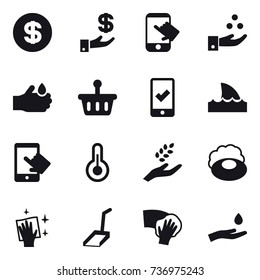 16 vector icon set : dollar, investment, touch, chamical industry, mobile checking, shark flipper, harvest, soap, wiping, scoop, hand and drop