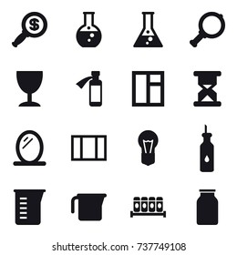 16 vector icon set : dollar magnifier, round flask, flask, magnifier, wineglass, window, mirror, measuring cup