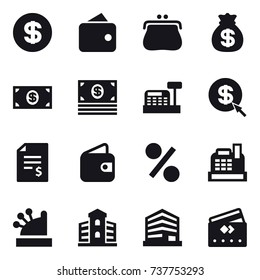 16 vector icon set : dollar, wallet, purse, money bag, money, cashbox, dollar arrow, account balance, percent, building, credit card