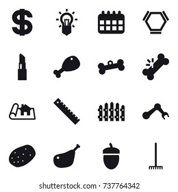 16 vector icon set : dollar, bulb, calendar, hex molecule, lipstick, chicken leg, bone, project, ruler, fence, acorn, rake