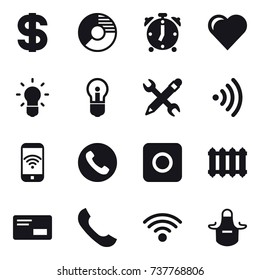 16 vector icon set : dollar, circle diagram, alarm clock, heart, bulb, pencil wrench, wireless, phone wireless, phone, ring button, radiator, apron