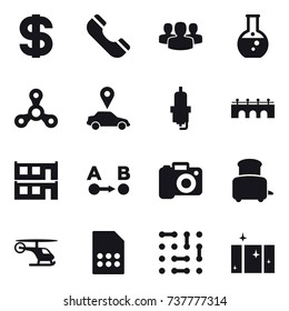 16 vector icon set : dollar, phone, group, round flask, spinner, car pointer, spark plug, bridge, modular house, camera, toaster, clean  window