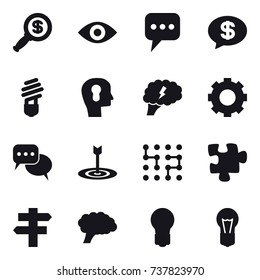 16 vector icon set : dollar magnifier, eye, message, money message, bulb, bulb head, brain, gear, discussion, target, chip, puzzle, singlepost